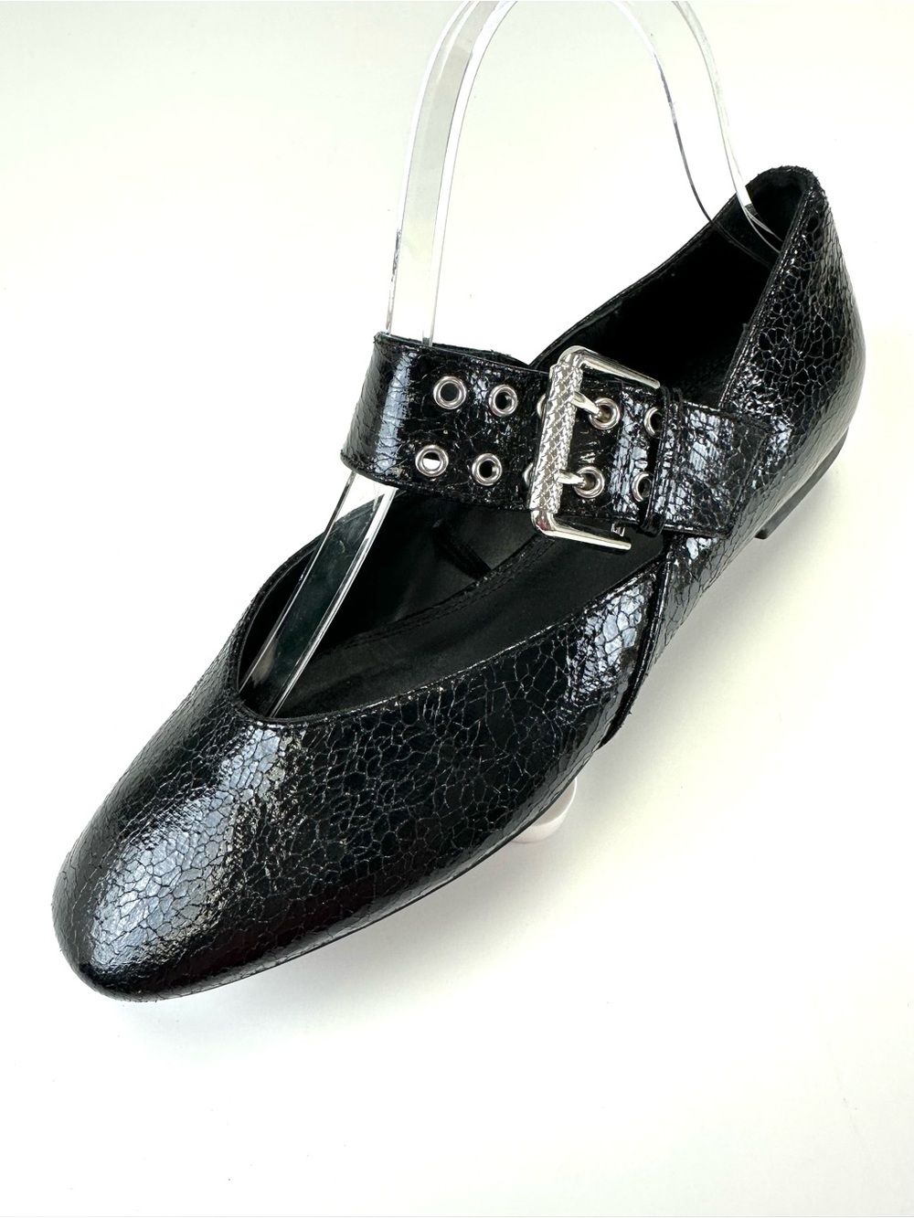 Zara Black Mary Jane Flats Crackle Silver Buckle Goth Size 38 Dark Academia